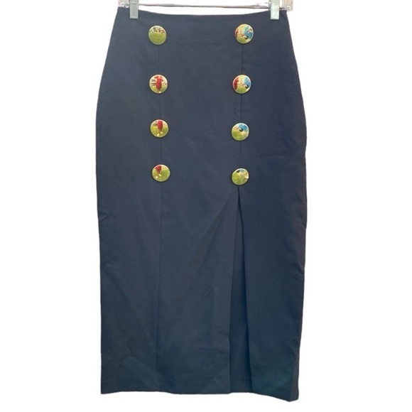 Zara Black Midi Pencil Skirt with Slit Gold Button Size S